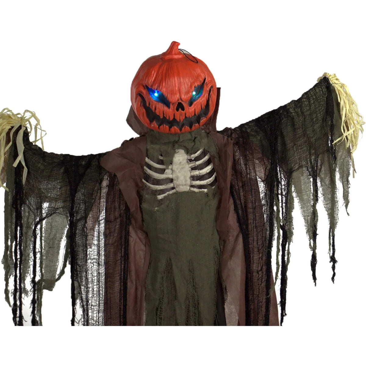 Haunted Hill Farm Life-Size Poseable 6.7-Ft. Pumpkin Scarecrow with Lights and Sound, Indoor or Covered Outdoor Halloween Decoration