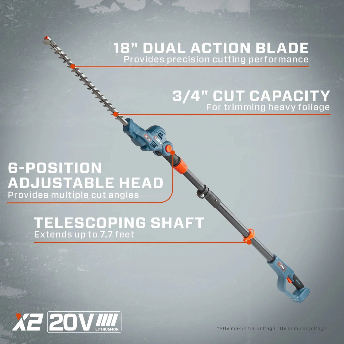 SENIX Cordless Pole Hedge Trimmer, 20 Volt Max, 18-Inch Cutting, 21-Inch Blade - HTPX2-M