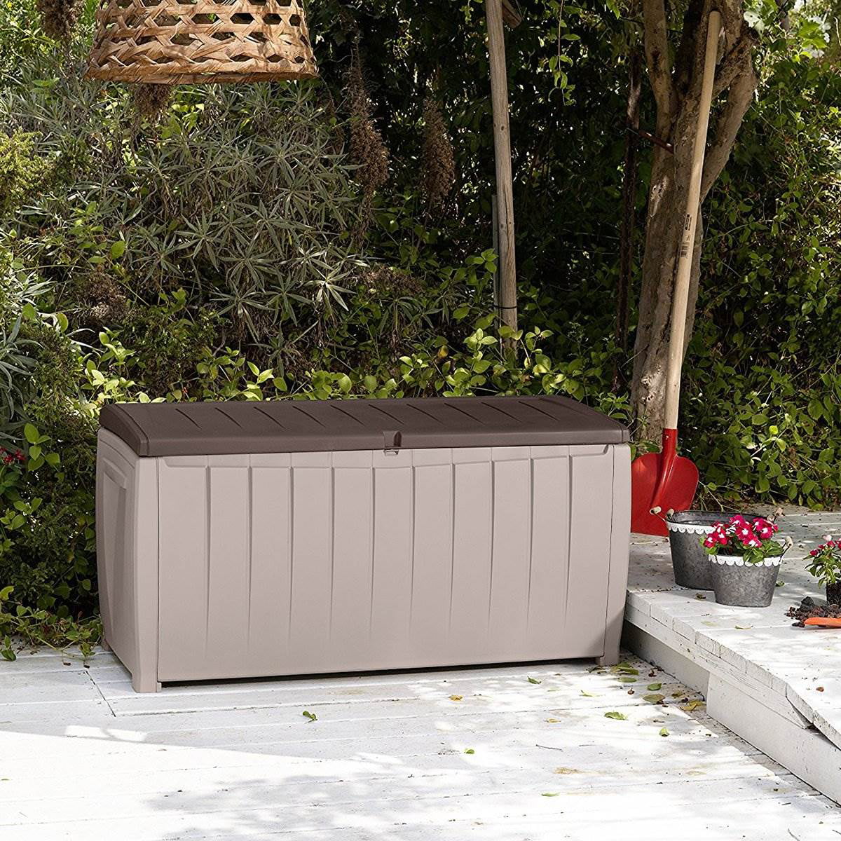 Keter Outdoor Patio Storage Deck Box And Bench, 90 Gallon, Weather Resistant Rattan Resin - Novel