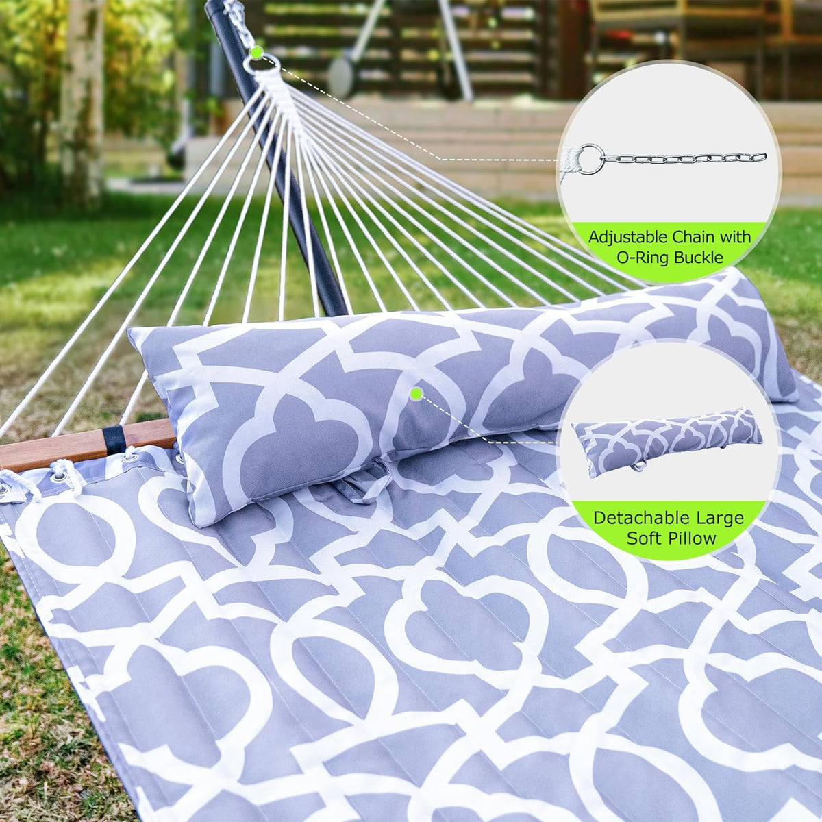 Double Outdoor Hammock With Adjustable Steel Stand, 500 LBS Capacity, Carrying Bag, White Grey