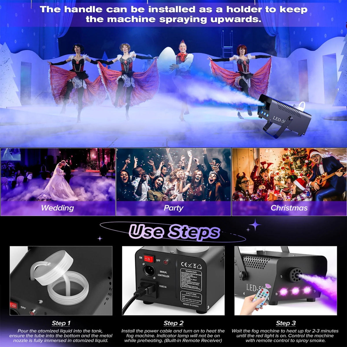 500W Fog Machine with RGB LED Lights, Remote Control, 3000CFM, 15 Lighting Effects for Wedding, DJ, Party, Concert, Halloween