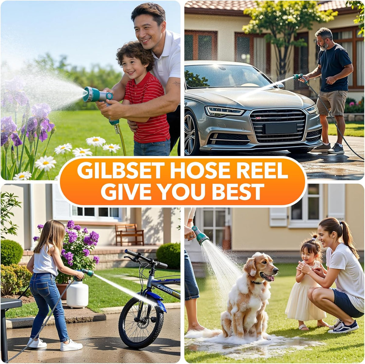 GILBEST Retractable Garden Hose Reel, 100 ft x 5/8 in, Green, 10-Function Nozzle