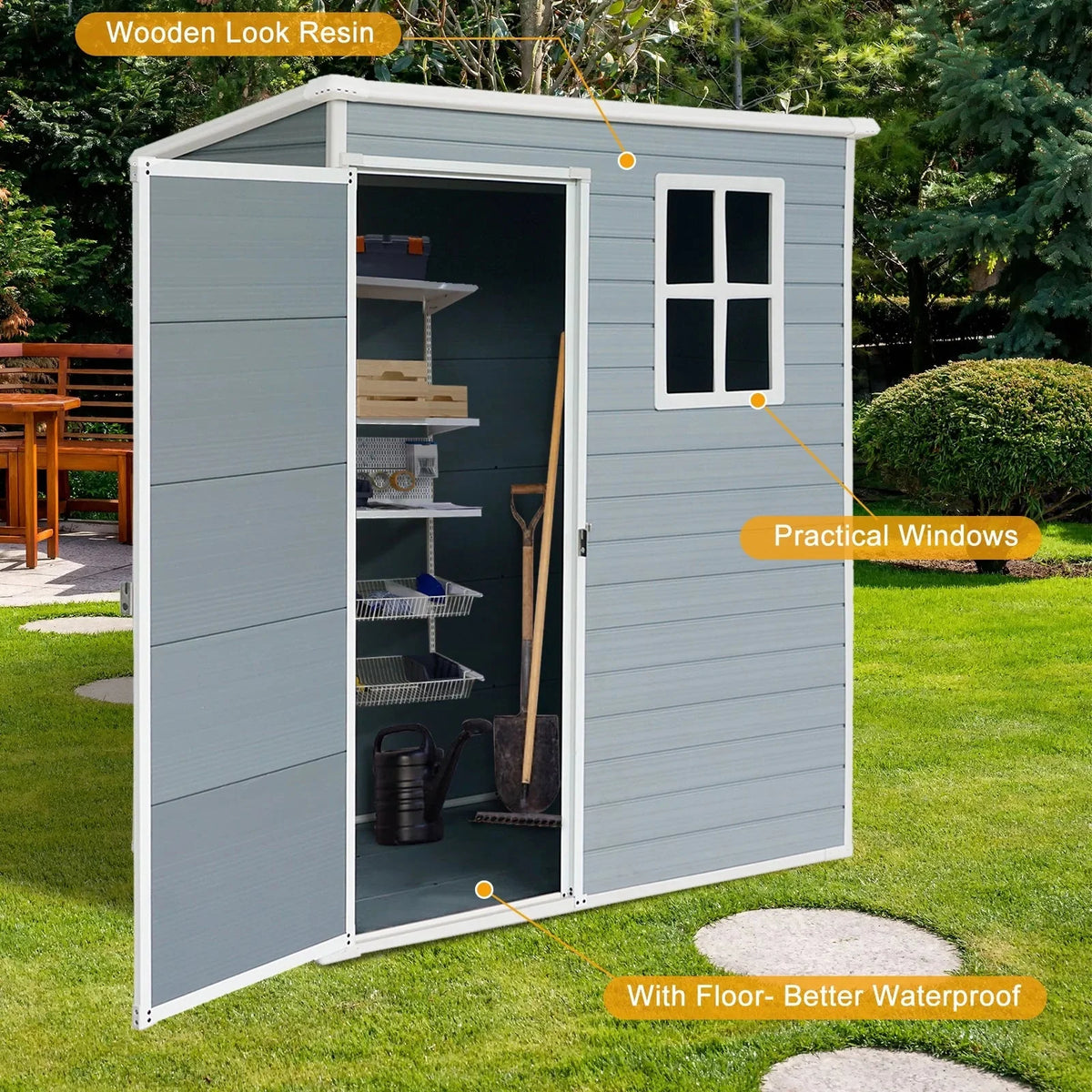 Seizeen Outdoor Resin Storage Shed, 41 Cu. Ft. / 306 Gal, Gray, 3 Doors With Floor