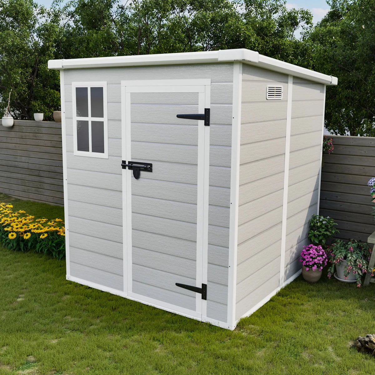 Seizeen Outdoor Resin Storage Shed, 41 Cu. Ft. / 306 Gal, Gray, 3 Doors With Floor