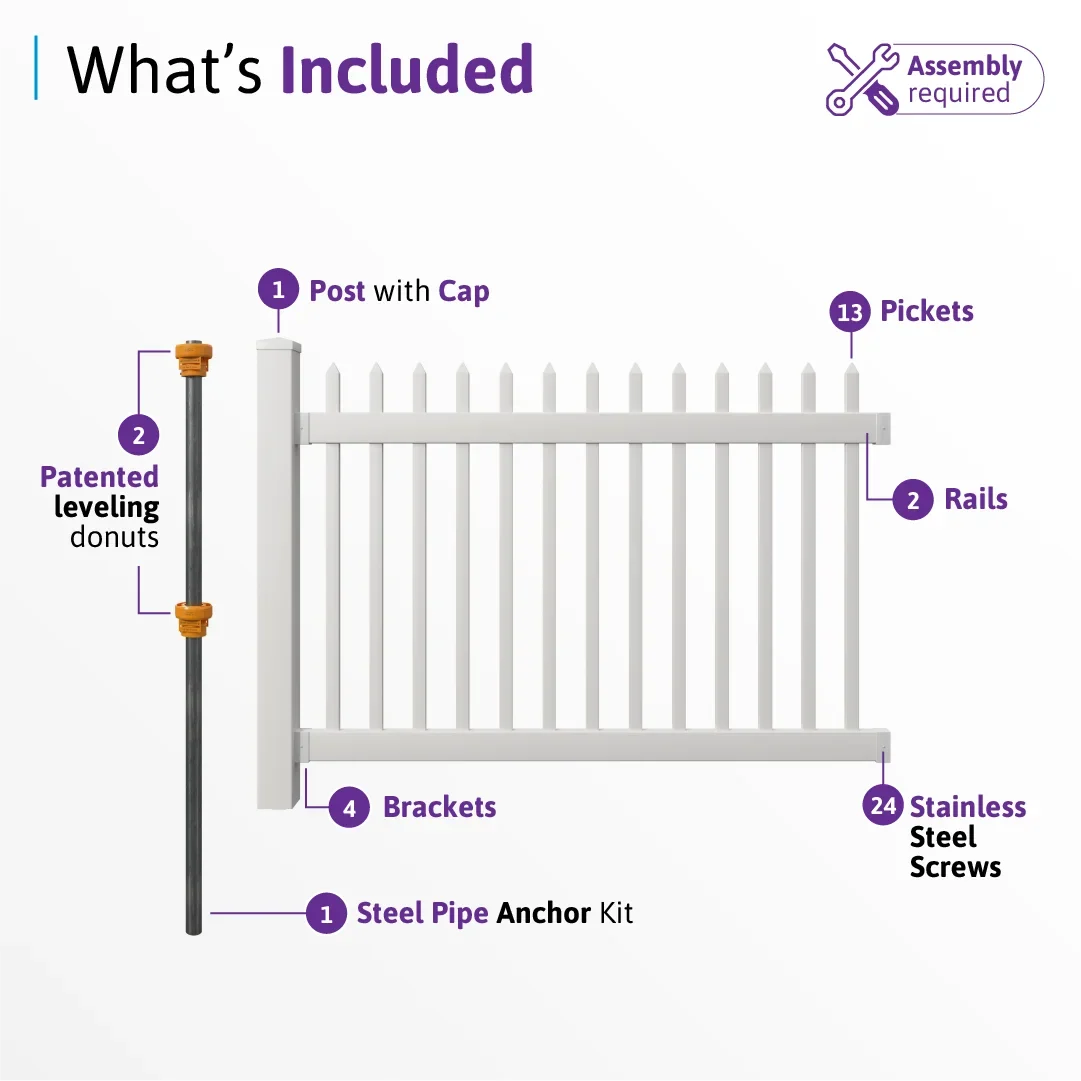 WamBam White Vinyl Picket Fence Panel Kit, 4ft H x 6ft W, 1 Panel + 1 Post - BL19101