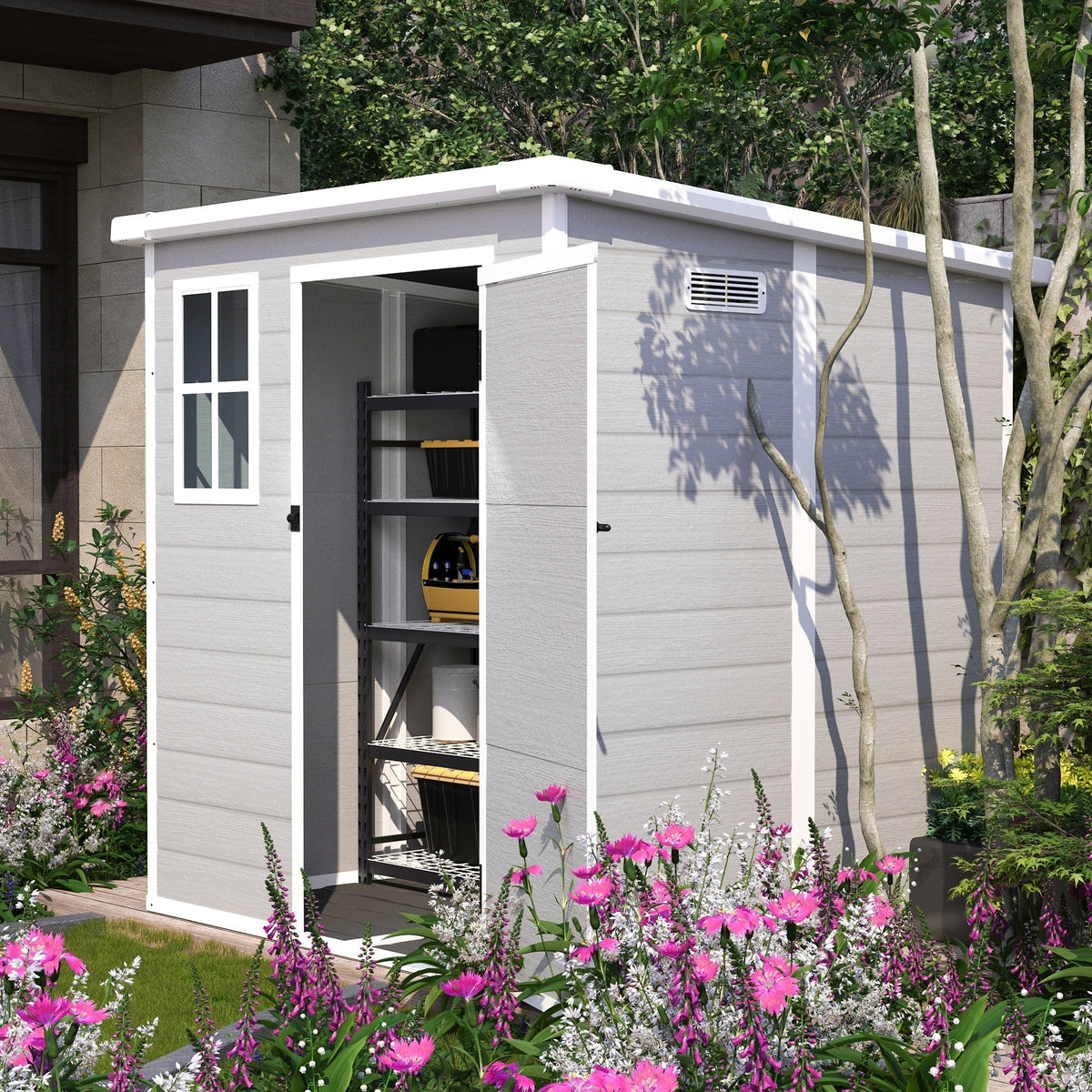 Seizeen Outdoor Resin Storage Shed, 41 Cu. Ft. / 306 Gal, Gray, 3 Doors With Floor