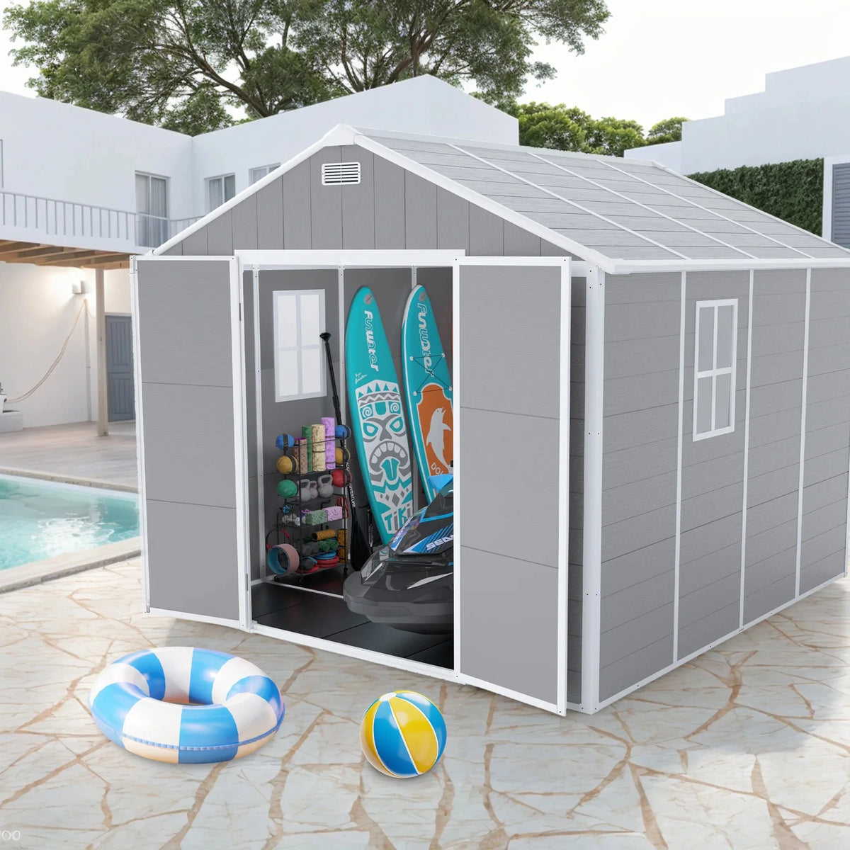 Seizeen Outdoor Resin Storage Shed, 41 Cu. Ft. / 306 Gal, Gray, 3 Doors With Floor