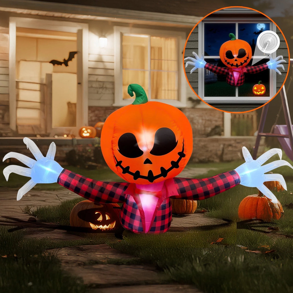 BeePrincess 5 FT Halloween Inflatable Pumpkin Ghost – Outdoor LED Blow-Up Decoration with Giant Arms, Light-Up Eyes, Waterproof Yard Decor for Lawn and Garden
