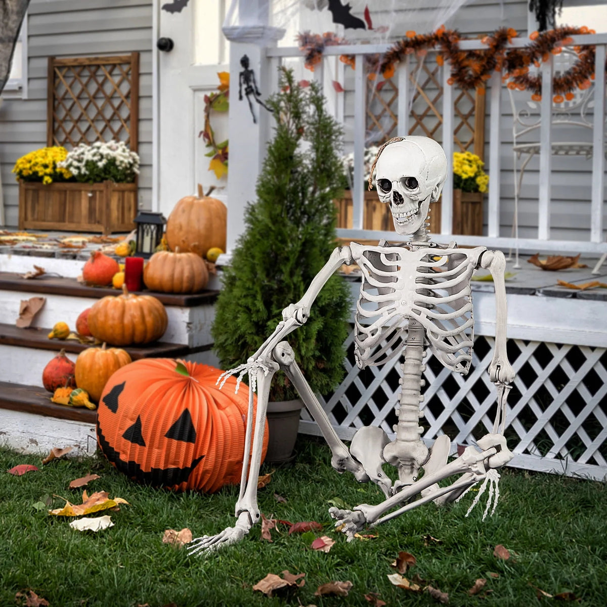 Costway 5.4 FT Halloween Skeleton Decoration Life Size Large Skeleton with Posable Joints 64.5 Inches Ivory White