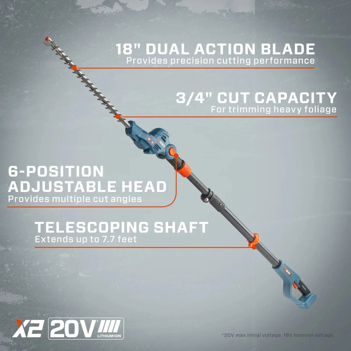 SENIX Cordless Pole Hedge Trimmer, 20 Volt Max, 18-Inch Cutting, 21-Inch Blade - HTPX2-M