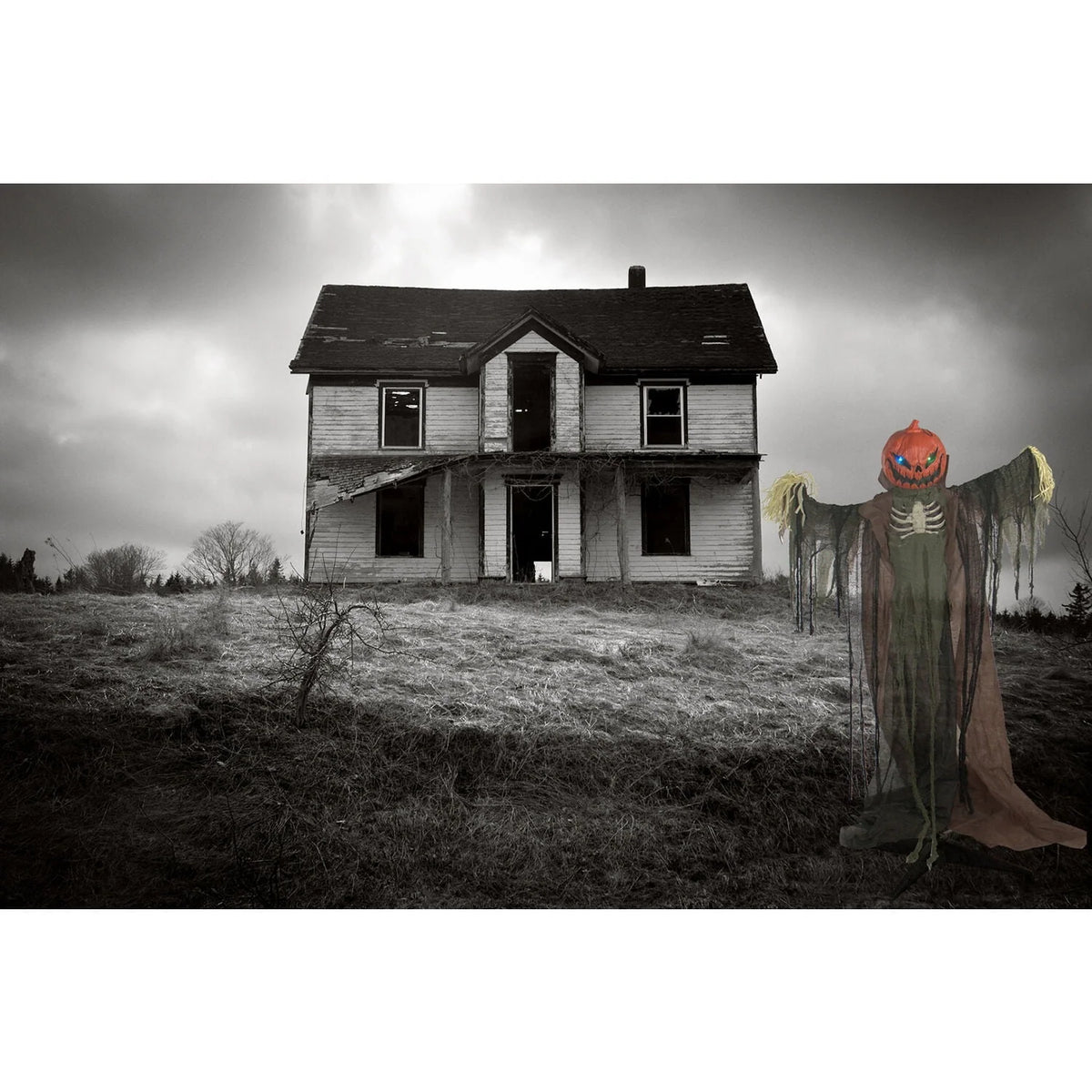 Haunted Hill Farm Life-Size Poseable 6.7-Ft. Pumpkin Scarecrow with Lights and Sound, Indoor or Covered Outdoor Halloween Decoration