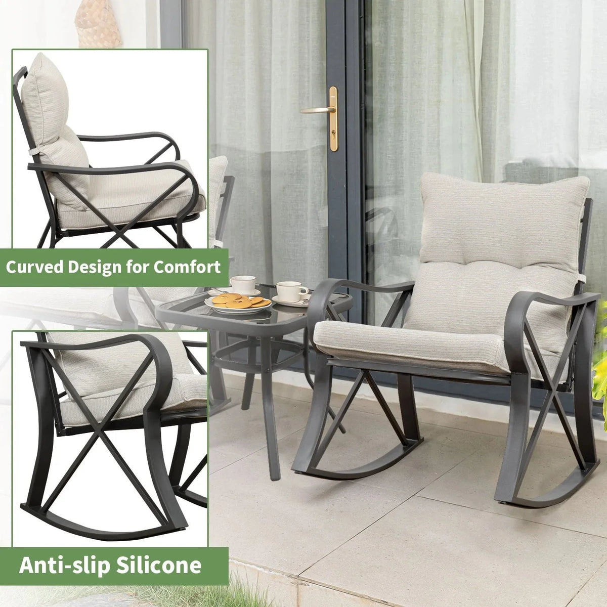 COSIEST 3 Piece Metal Bistro Set With Beige Cushions And Coffee Table
