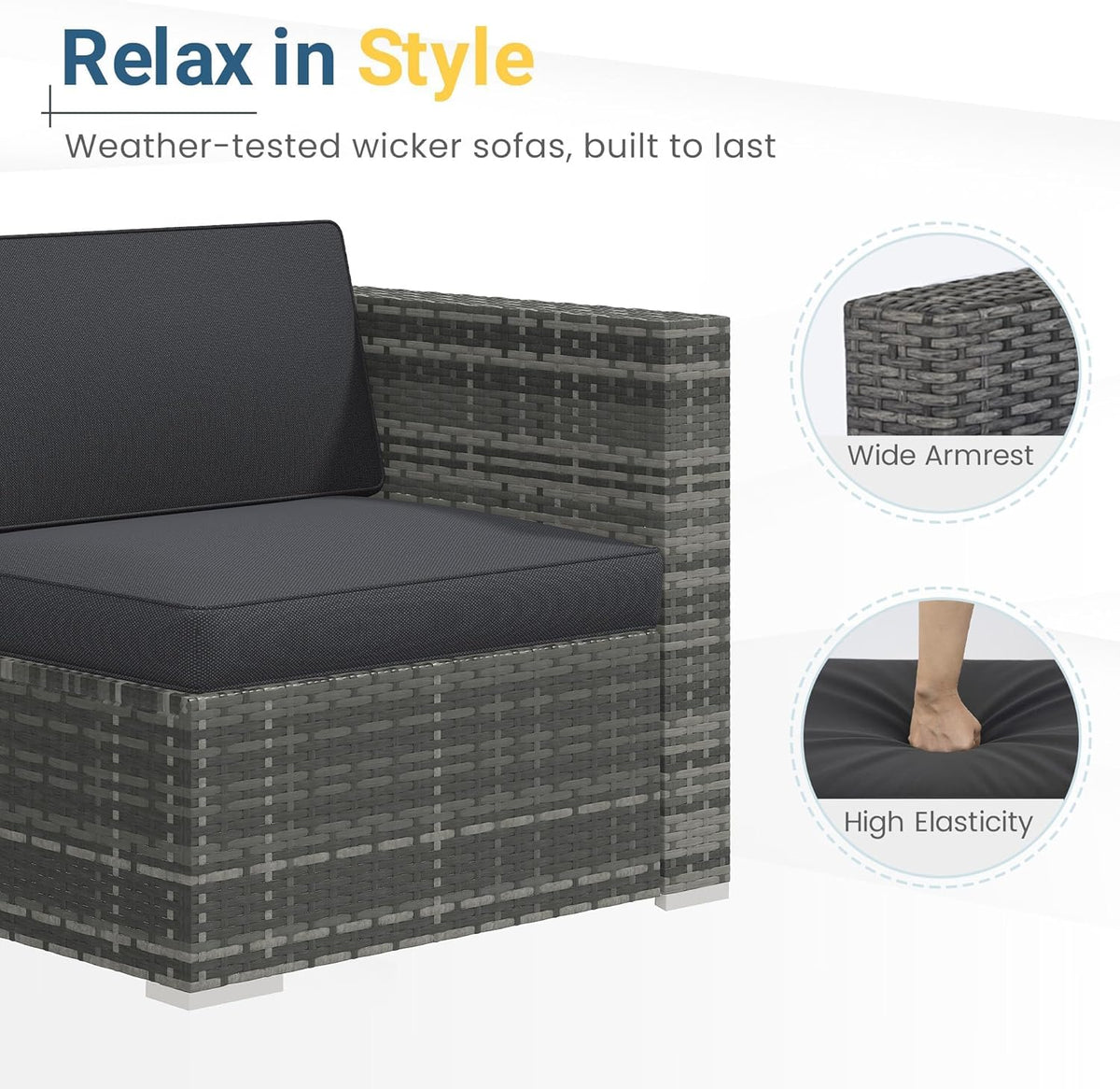 Wisteria Lane 5-Piece Outdoor Wicker Rattan Sectional Conversation Set With Cushions And Glass Coffee Table - Grey