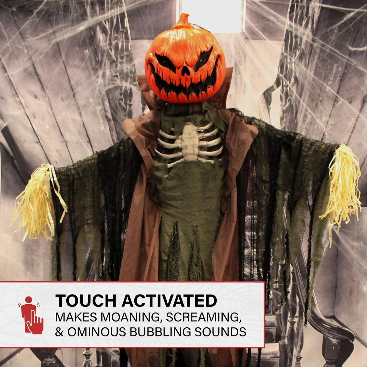 Haunted Hill Farm Life-Size Poseable 6.7-Ft. Pumpkin Scarecrow with Lights and Sound, Indoor or Covered Outdoor Halloween Decoration