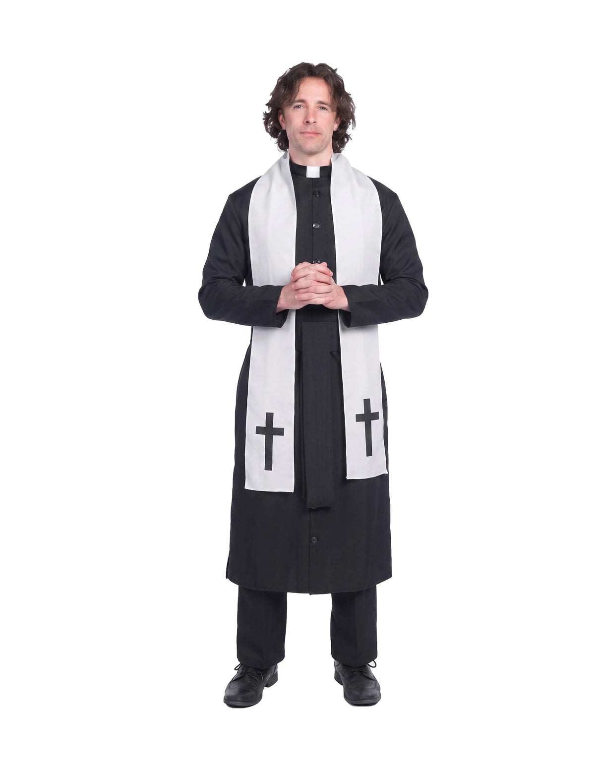 Joyfy Men's Priest Costume Black Priest Father Robe Stole for Halloween Party Dress up Cosplay