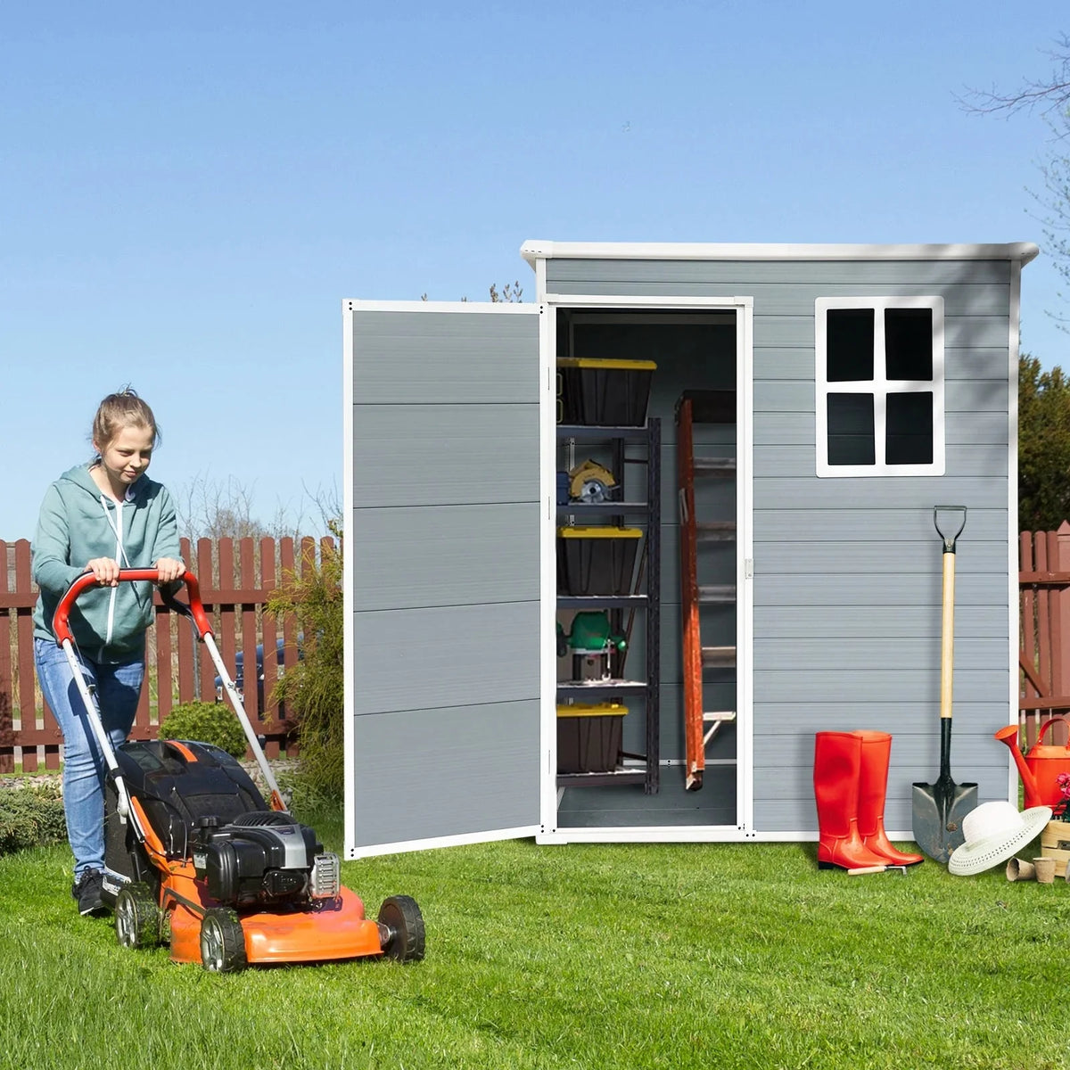 Seizeen Outdoor Resin Storage Shed, 41 Cu. Ft. / 306 Gal, Gray, 3 Doors With Floor