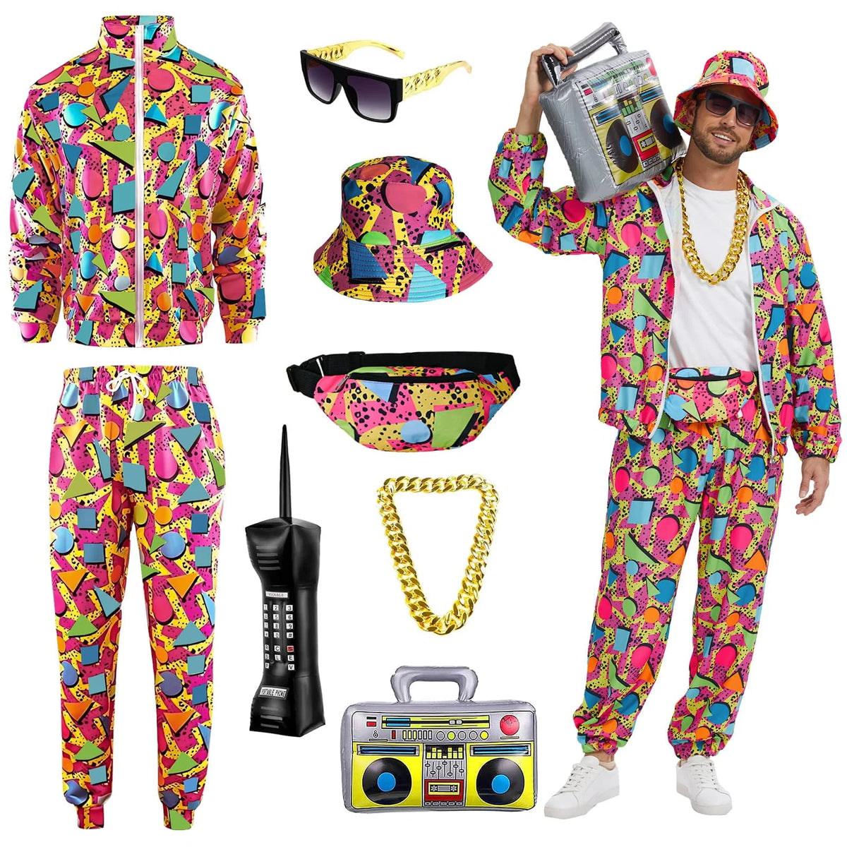 GYQMBT 80s 90s Men's Sportswear, Party Hip Hop Windbreaker 90s Disco Sportswear, 80s Adult Bizarre Costume 8 Piece Set