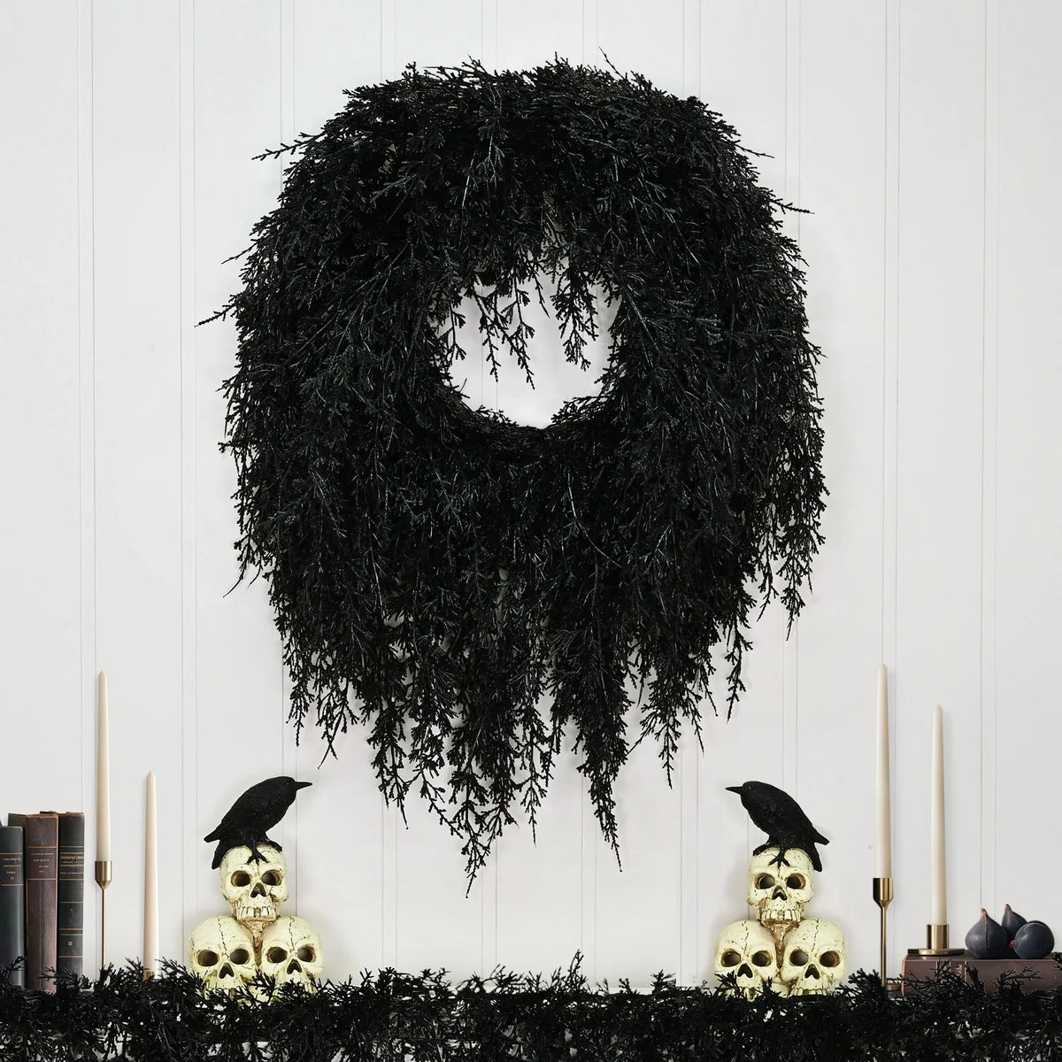 My Texas House Halloween Drapey Faux Cedar Wreath, Black, 24"