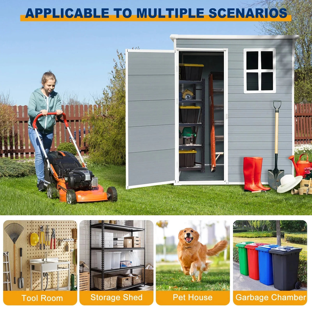 Seizeen Outdoor Resin Storage Shed, 41 Cu. Ft. / 306 Gal, Gray, 3 Doors With Floor