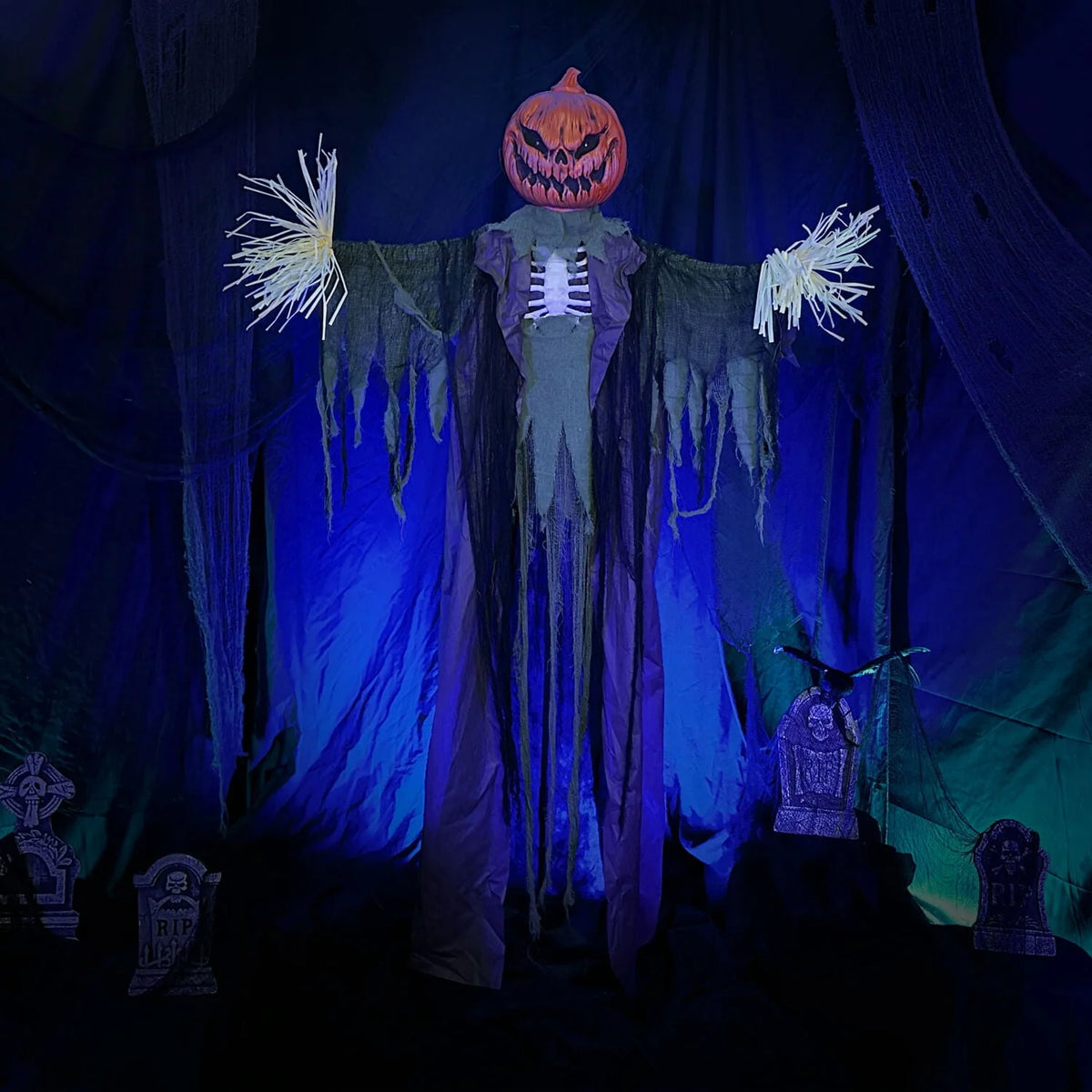 Haunted Hill Farm Life-Size Poseable 6.7-Ft. Pumpkin Scarecrow with Lights and Sound, Indoor or Covered Outdoor Halloween Decoration