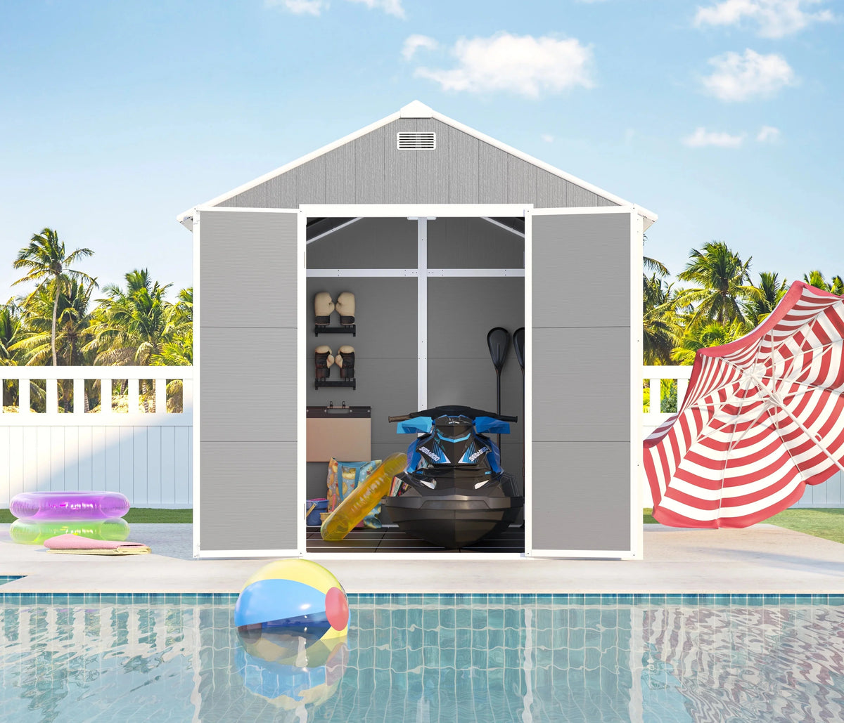 Seizeen Outdoor Resin Storage Shed, 41 Cu. Ft. / 306 Gal, Gray, 3 Doors With Floor