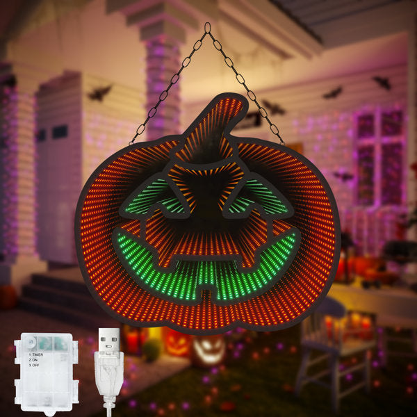 Halloween Pumpkin Infinity Mirror Light, 3D LED Jack-O’-Lantern Hanging Wall Decoration, USB & Battery Powered LED Sign with Timer for Indoor Party & Room Décor