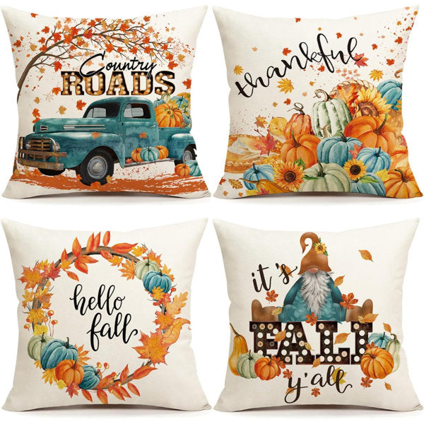 Fall Decor Pillow Covers 16X16 Set Of 4 Thanksgiving Decorations Blue And Orange Pumpkins Outdoor Fall Farmhouse Decorative Throw Pillow Covers Autumn Harvest Cushion Case For Couch Sofa