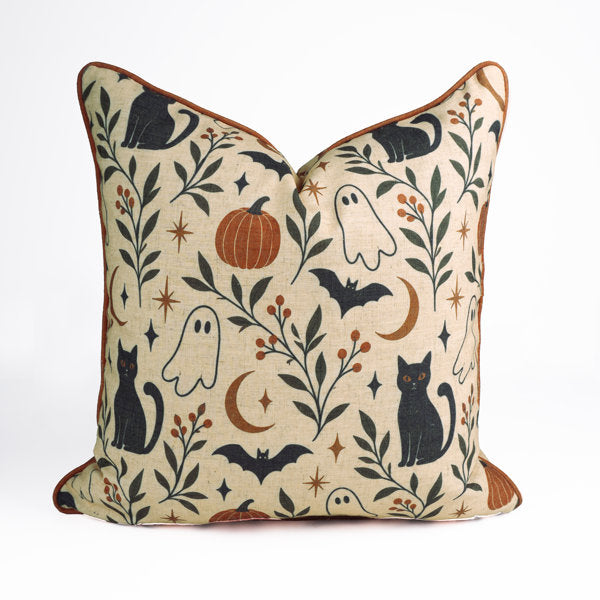 Halloween Ghost and Black Cat Linen Blend Piping Throw Pillow Cover, Spooky Season Bats & Pumpkin Decorative Accent Pillow for Couch, Sofa, and Bed