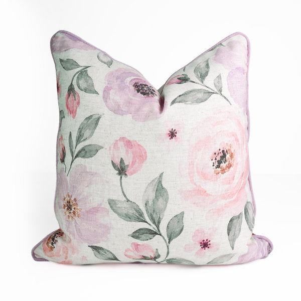 Pink Rose Garden Linen Blend Throw Pillow Cover with Piping, Digital Floral Print and Invisible Zipper