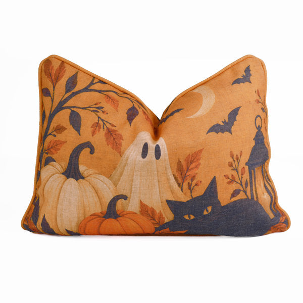 Haunted Cat Halloween Linen Blend Throw Pillow Cover with Piping, Spooky Digital Print and Invisible Zipper