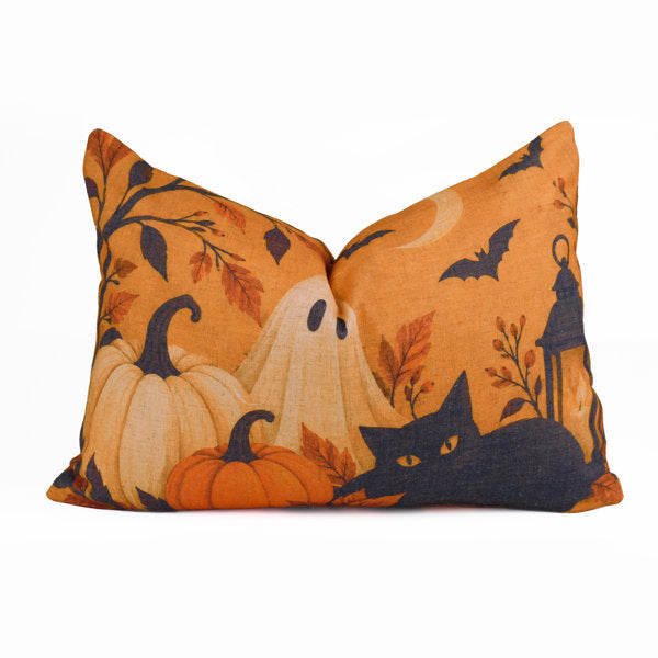 Haunted Cat Linen Blend Throw Pillow Cover, Spooky Halloween Digital Printed Decorative Accent Pillow for Couch, Sofa, and Bed with Invisible Zipper