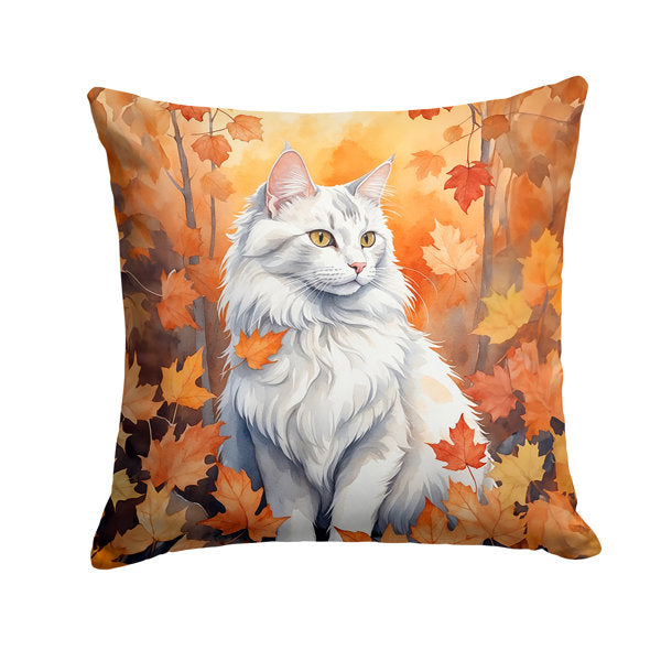 Turkish Angora Cat in Fall Leaves Throw Pillow