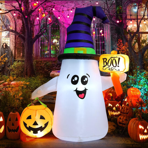 GOOSH 5 FT Halloween Inflatable Cute Ghost Holding a Sign & Pumpkin Lantern with LED Lights