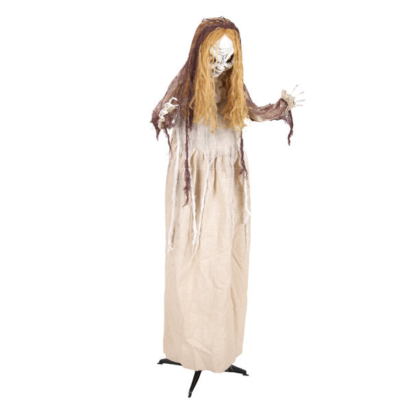 Haunted Hill Farm 3ft 11in Standing Rising Head Creepy Girl Halloween Animatronic with Moving Head and Red LED Eyes