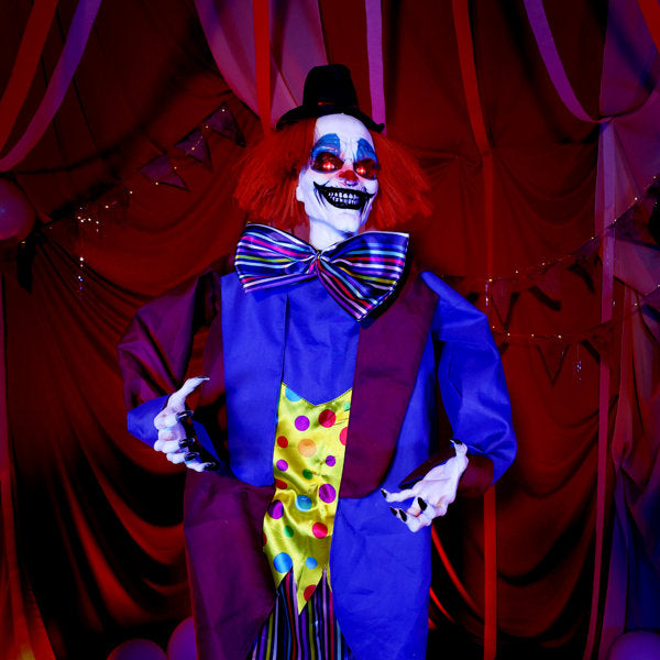 Haunted Hill Farm 5ft 11in Standing Animated Clown Halloween Animatronic with Moving Head
