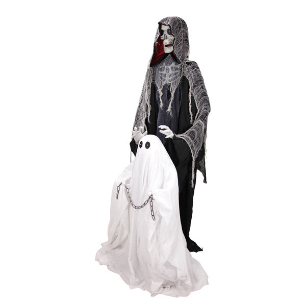Haunted Hill Farm 5 ft 11 in Standing Animated Reaper with Ghost Halloween Animatronic with Rising Motion and Red LED Eyes
