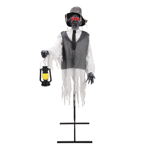 Haunted Hill Farm 5ft 11in Animated Zombie with Lantern Halloween Animatronic with Moving Body and Red and Yellow LED Lights