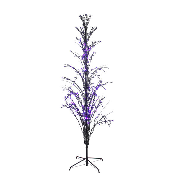 4' Pre-Lit Black Cascade Outdoor Halloween Twig Tree Purple Lights