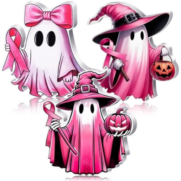 3 Pcs Halloween Ghost Table Decoration Breast Cancer Awareness Wood Sign Halloween Tiered Tray Decor Rustic Farmhouse Block Sign With Pink Bow For Home Shelf Tabletop Centerpiece Party Décor