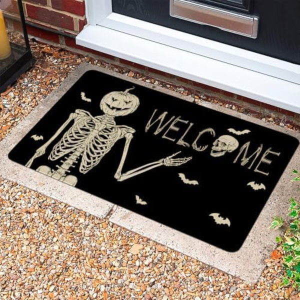 Halloween Door Mat, Skeleton Spooky Halloween Outdoor Welcome Mat, Halloween Doormat Outdoor Rug Front Decor, Black, 17" X 30"