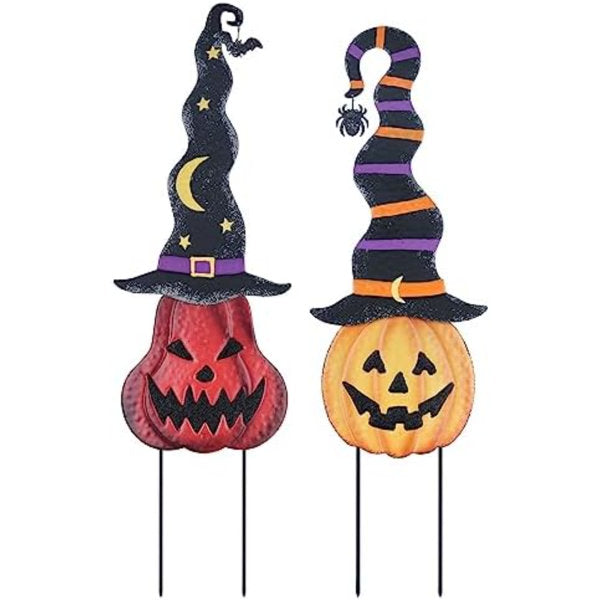 Halloween Decorations Outdoor, 2 Pack Metal Pumpkin Garden Stakes With Witch Hats For Halloween Decor, Jack O' Lantern Pumpkin Yard Signs For Outside Garden Lawn Patio Party Decorations