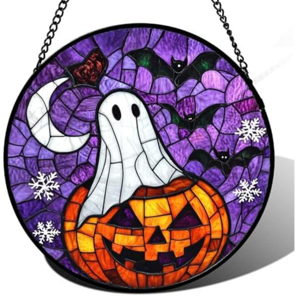 Stained Glass Window Hanging Halloween Horror Pumpkin 11.8" - Suncatcher Door Garden Sunroom Gothic Style Ghost Bat Sun Catcher Birthday For Friend Mom Men Woman Nana