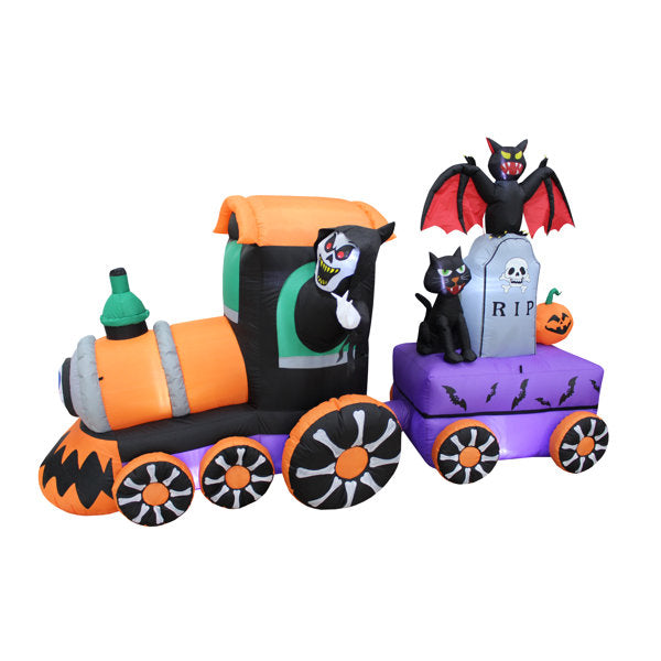 8 Foot Long Lighted Happy Halloween Inflatable Ghost Grim Reaper Drives Train with Tombstone and Bat and Cat Indoor / Outdoor Holiday Blow Up Yard Garden Decoration