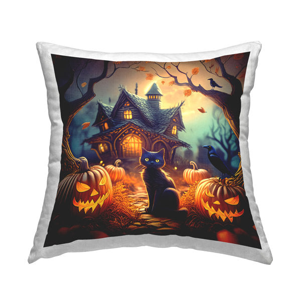 Haunted House & Black Cat Decorative Printed Throw Pillow by Alina Georgescu