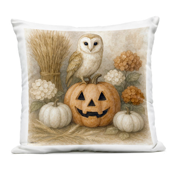 Autumn Harvest Owl & Jack-o-Lantern Outdoor Printed Pillow, design by Antony Smith