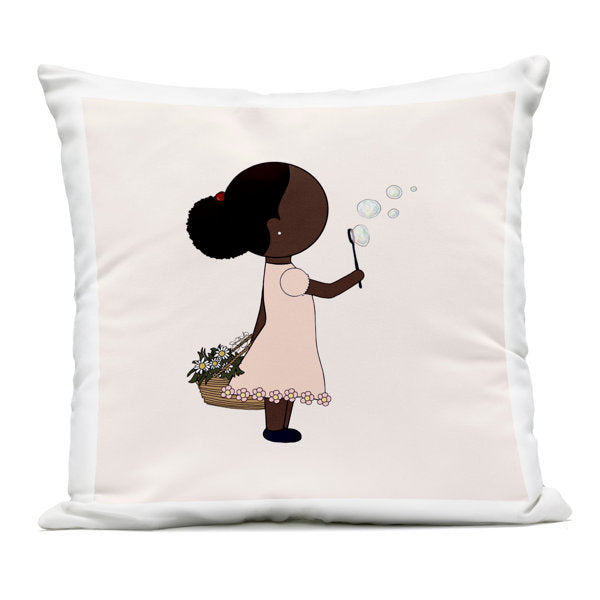 Girl with Bubbles Outdoor Printed Pillow design by Sierra Siler