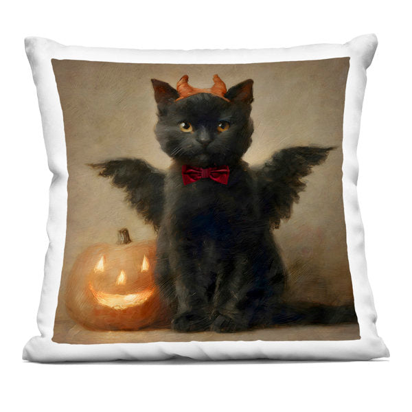 Winged Cat with Jack-o-Lantern Decorative Printed Throw Pillow, design by Jacky Ngan