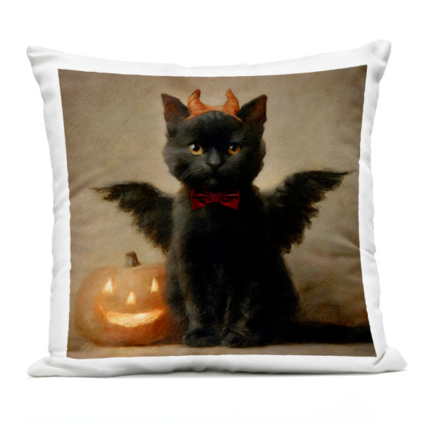 Winged Cat with Jack-o-Lantern Outdoor Printed Pillow, design by Jacky Ngan