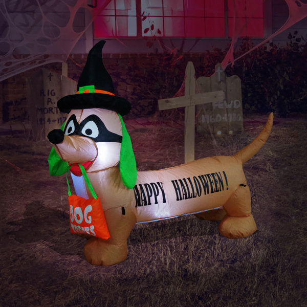 4 Foot Long Lighted Happy Halloween Inflatable Dog with Witch Hat Indoor / Outdoor Holiday Blow Up Yard Garden Decoration