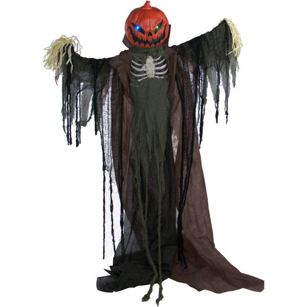 Haunted Hill Farm 6.7-Ft. Life-Size Poseable Pumpkin Scarecrow, Halloween Animatronic with Touch Activated Lights and Sound